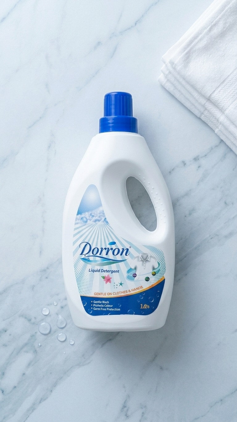 Dorron dishwash bottle styled for a bright kitchen counter