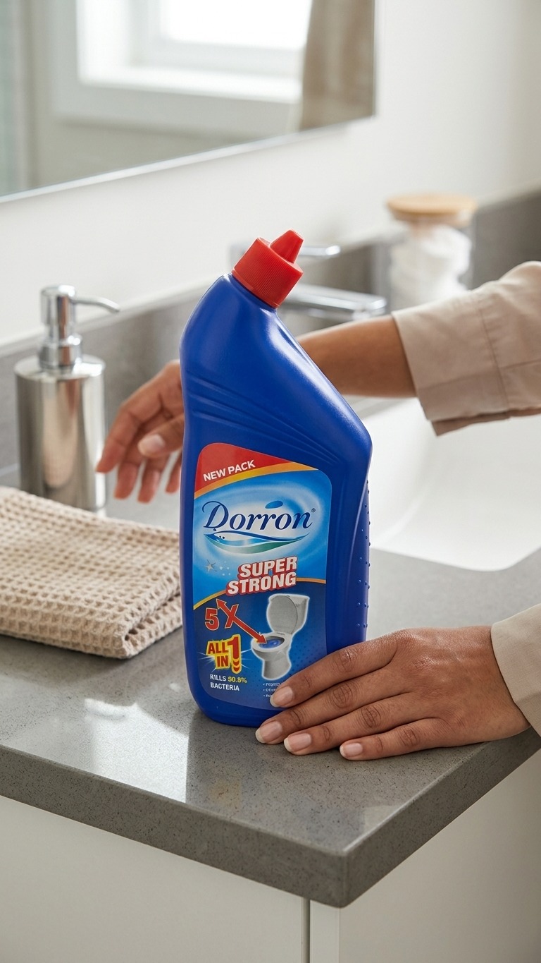 Dorron glass cleaner being used on a bright window