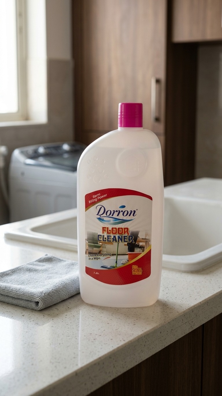 Dorron floor cleaner bottle in a clean product setup